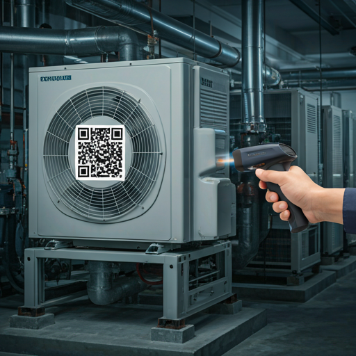 Technician scanning a QR code label on an industrial air conditioning unit