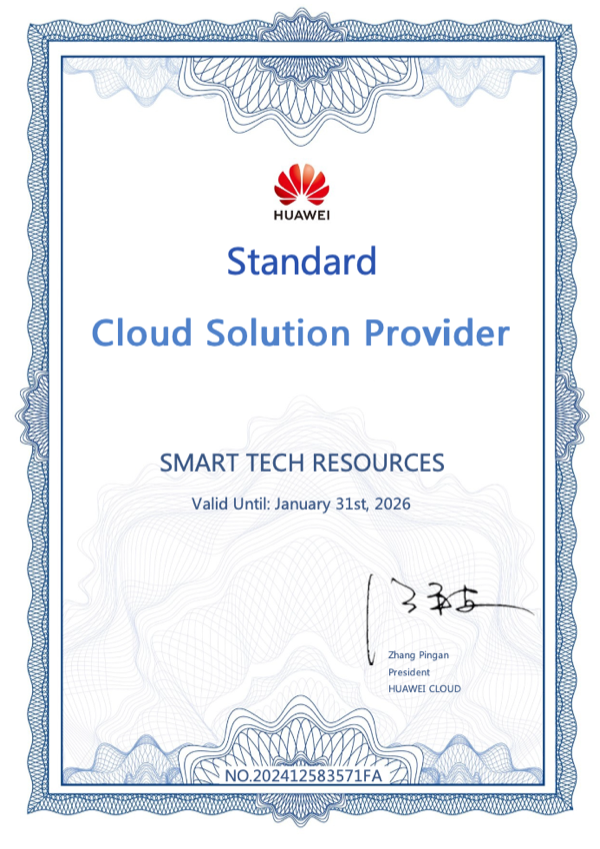 Huawei Cloud Standard Cloud Solution Provider certificate awarded to Smart Tech Resources